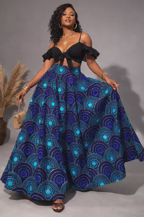 Jupe longue volante en wax bleu