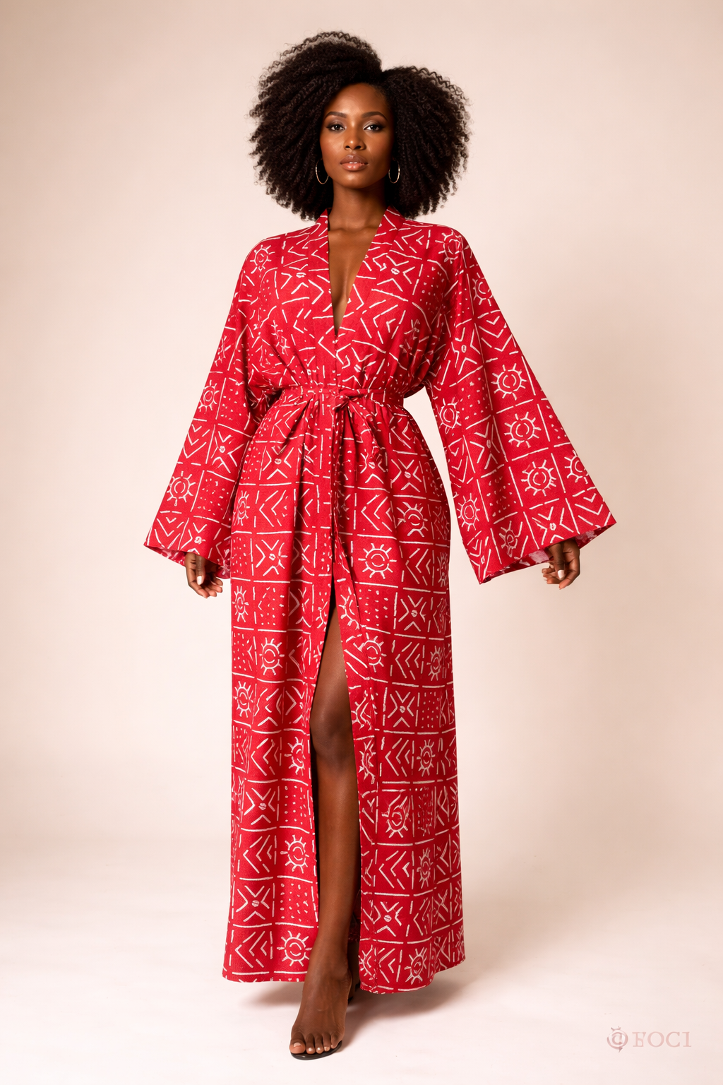 kimono longue en wax africain bogolan rouge