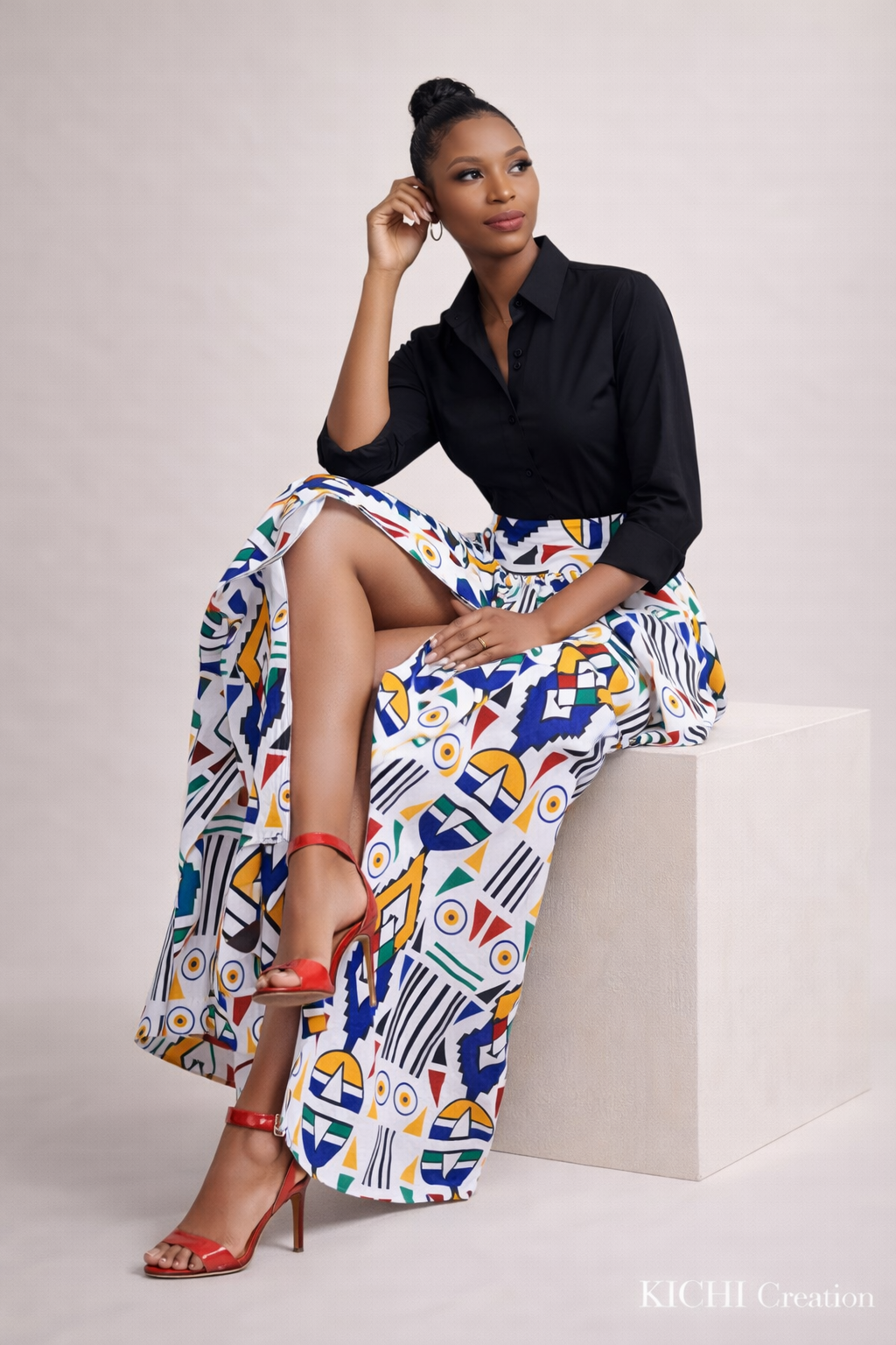 Jupe longue taille haute en wax