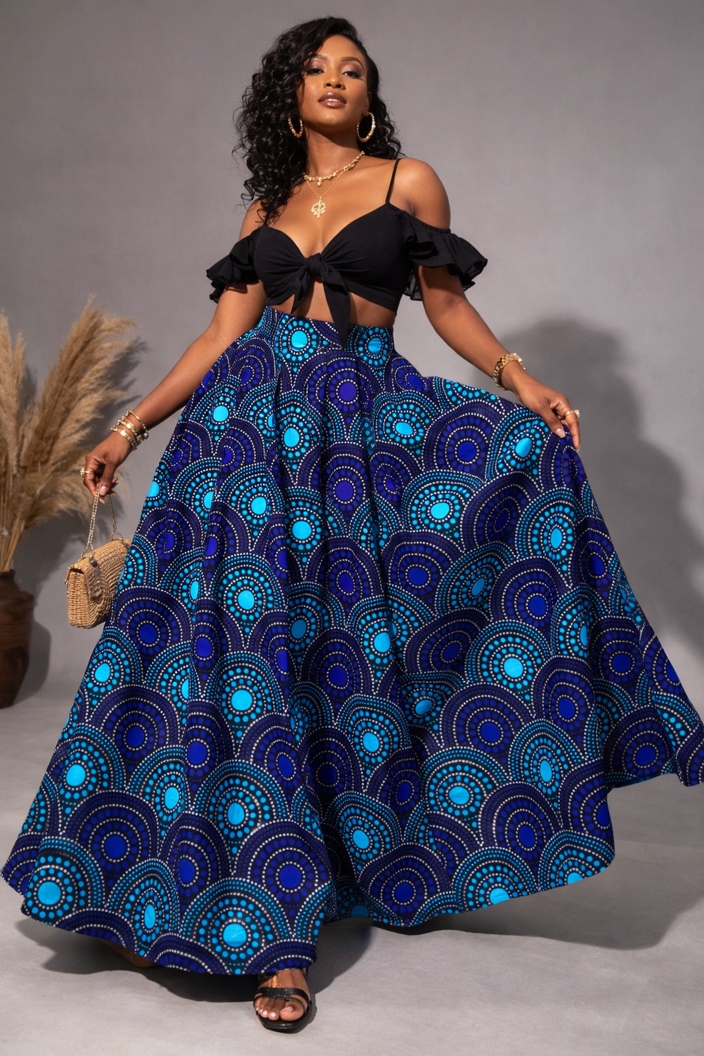 Jupe longue volante en wax bleu