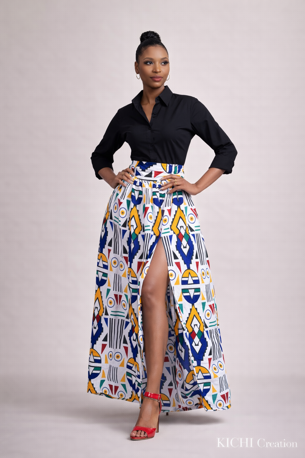 Jupe longue taille haute en wax