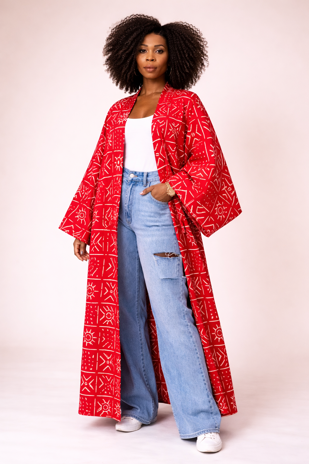 kimono longue en wax africain bogolan rouge
