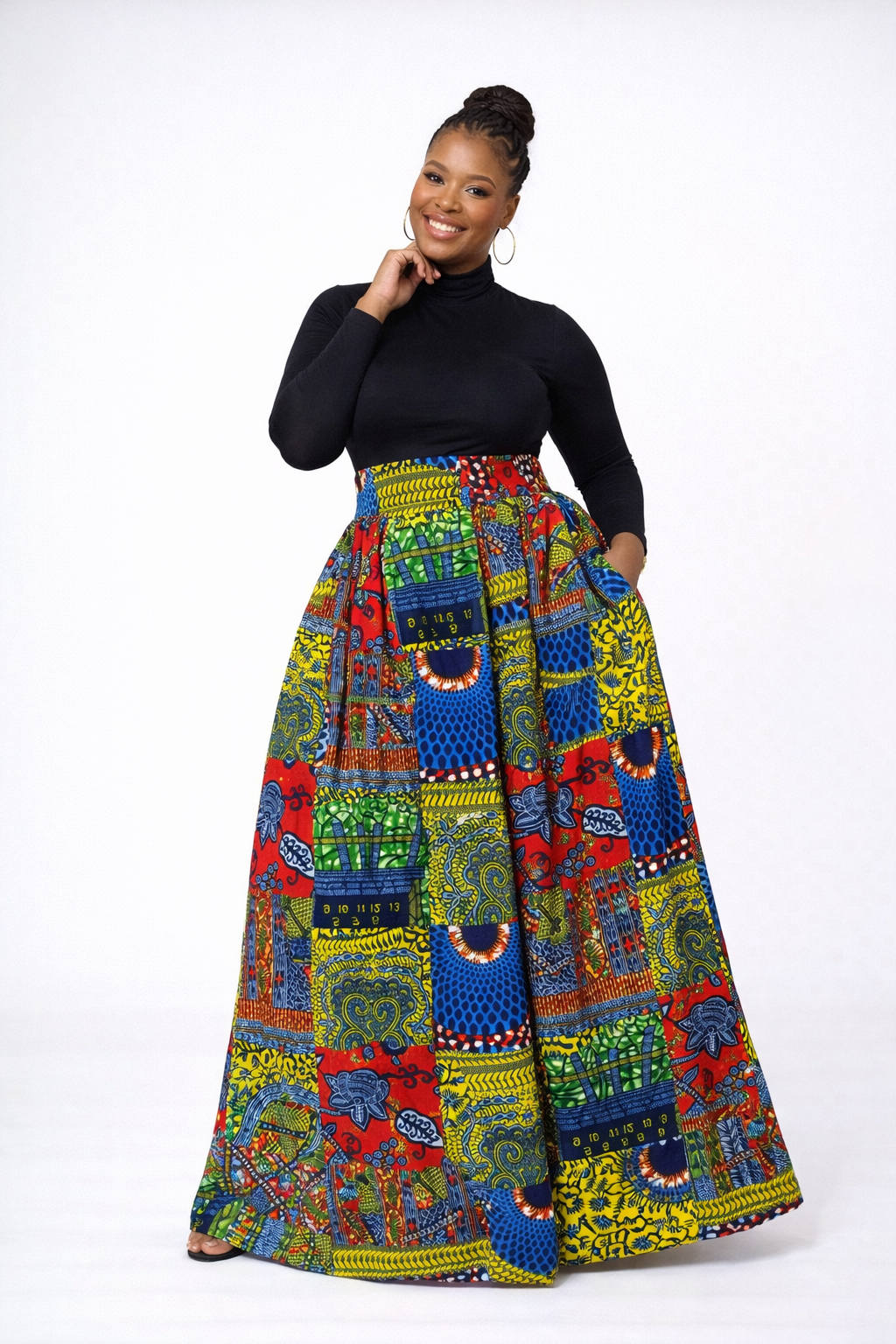 Jupe longue en wax patchwork – Taille haute