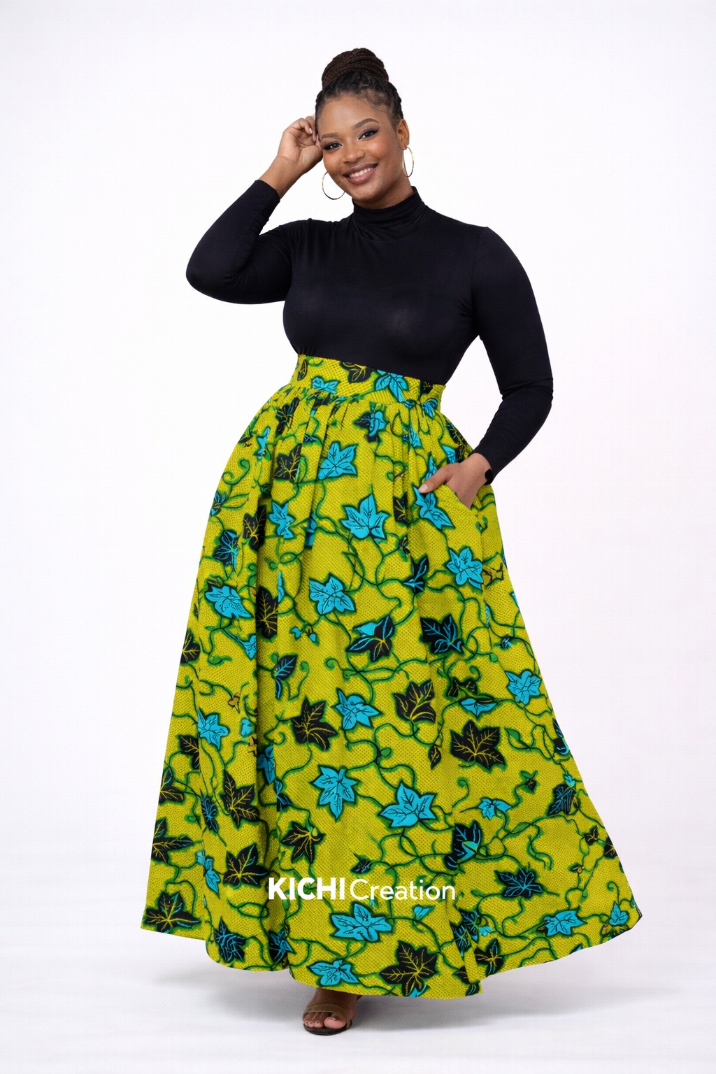 Jupe longue taille haute en wax