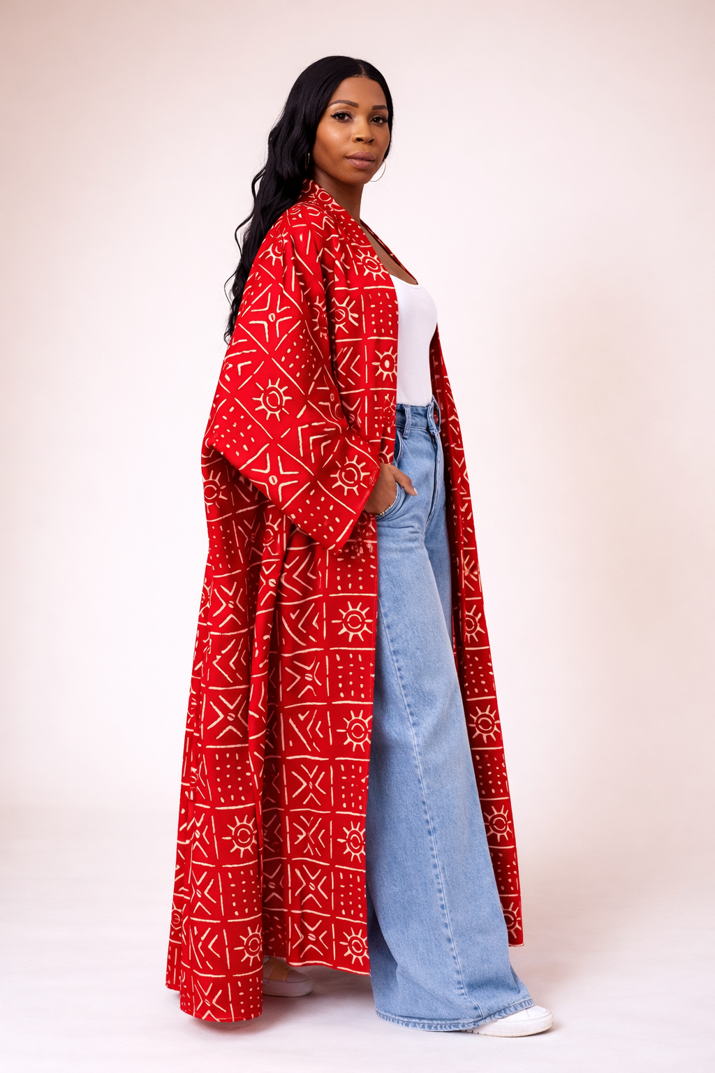 kimono longue en wax africain bogolan rouge